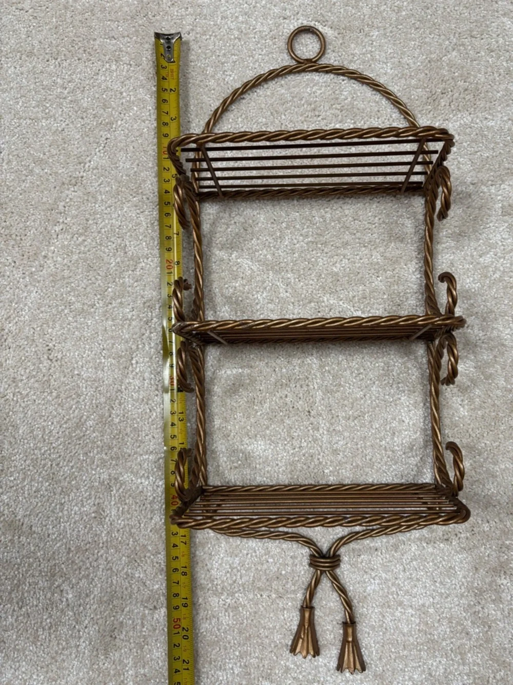 3 Tiered Hollywood Regency Gold-Tone Twisted Rope Wall Shelf 21inches High